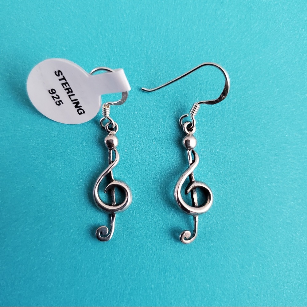 Sterling Silver Treble Clef Music Dangle Drop Earrings